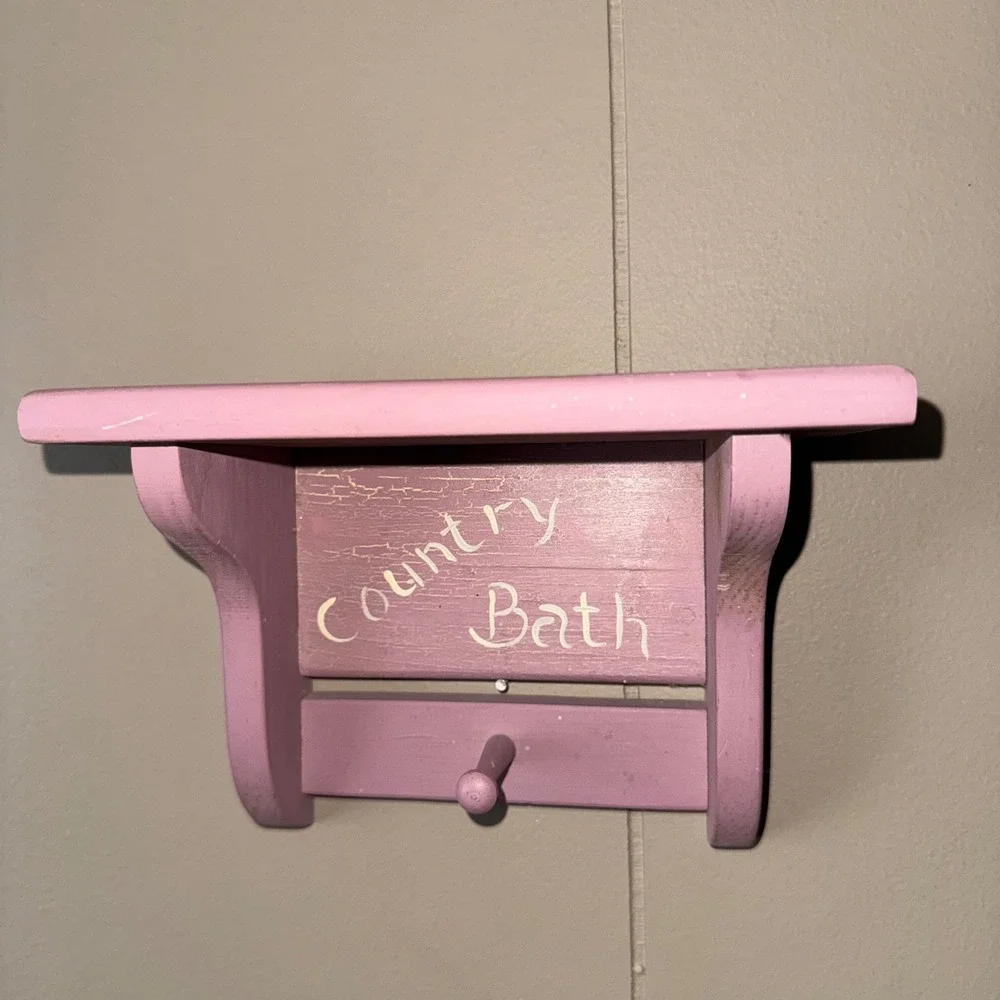 Vintage Cottagecore Pink Wood Wall Shelf Country Bath Peg Hook Shabby Chic Small